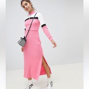 ASOS Colorblock Midi Dress Zip Neck Long Sleeve‎ Pink White Black Size 2